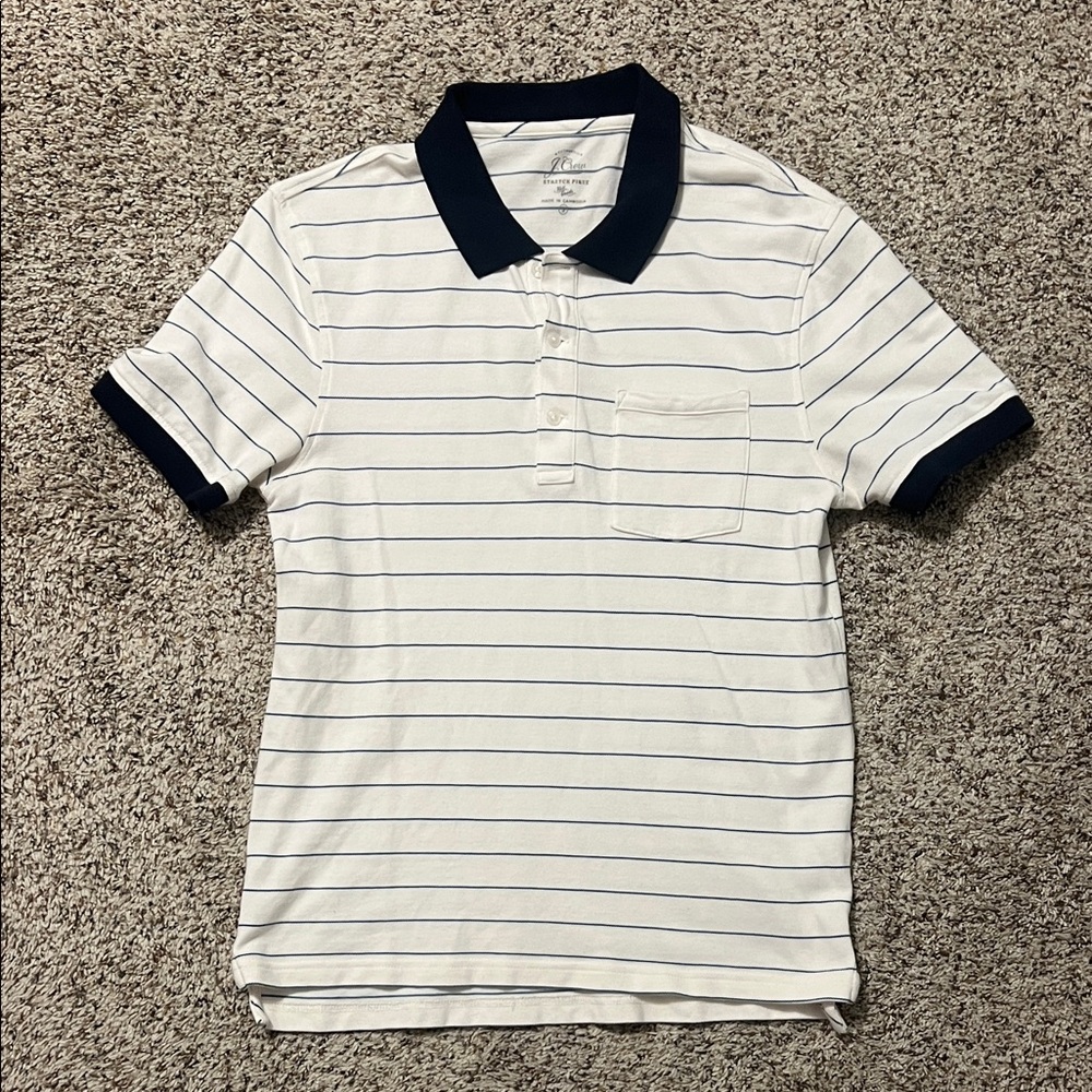 J. Crew Men's Polo Shirt - White with Navy Stripes. Size small